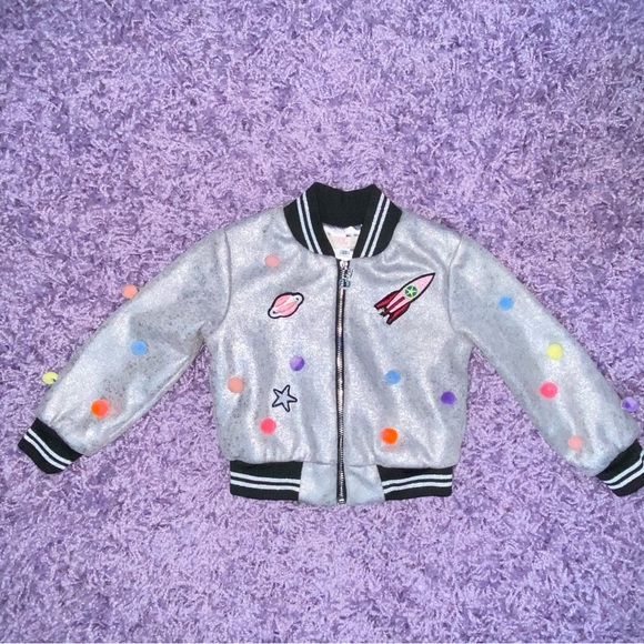 2T Sara Sara Truly Me Silver Metallic Space Rocket Ship Pom Pom Bomber Jacket - Picture 3 of 8